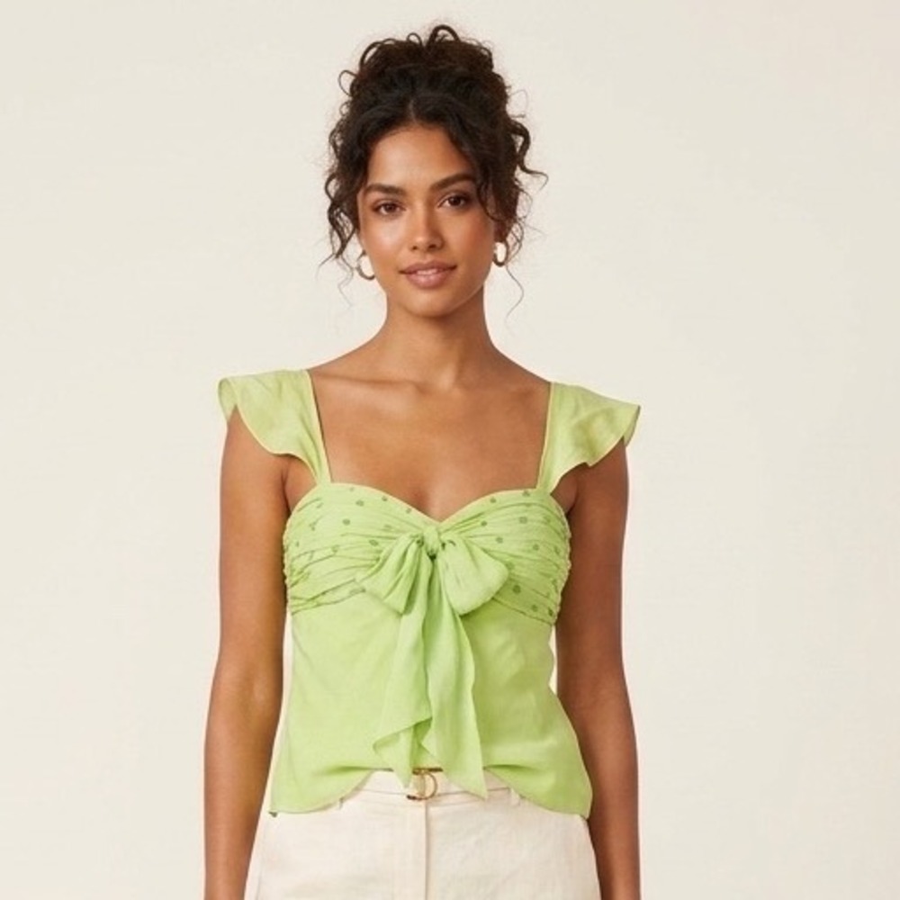 Gilar Silk Y2K Ruched Beaded Tie Front Ruffle Camisole Top Green Size 12 Women